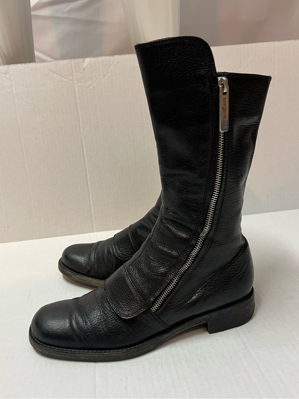 Sergio Rossi Women’s 37.5 (US 7.5) Black Leather Zip Moto Mid Calf Combat Boots